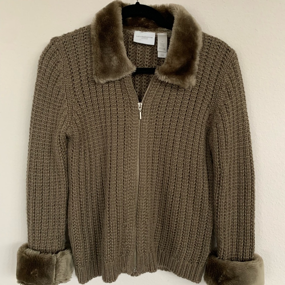 Liz Claiborne Liz Sport Brown Zippered Cardigan Faux Fur Trim Womens Sz M
